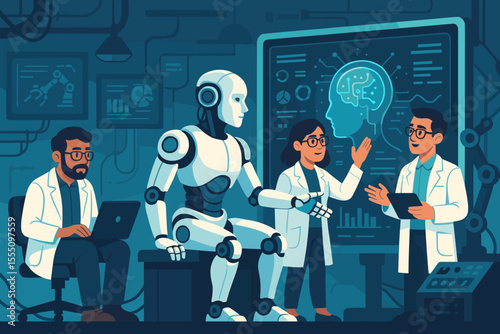 Futuristic Laboratory Scene with Scientists and Humanoid Robot Collaborating on Artificial Intelligence Development, Digital Brain Interface, High-Tech Research, Innovation, Technology Concept Vector