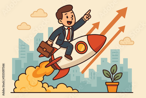 Businessman Riding Rocket Startup Growth Success Concept. Cartoon Vector Illustration. Urban Skyline, Upward Arrows, Briefcase, Innovation, Career Progress, Financial Achievement, Ambition, Motivation