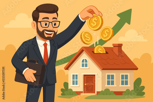 Businessman Investing Gold Coins in Residential House, Real Estate Investment, Property Value Growth, Financial Success, Wealth Building, Profitable Housing Market, Cartoon Vector Illustration