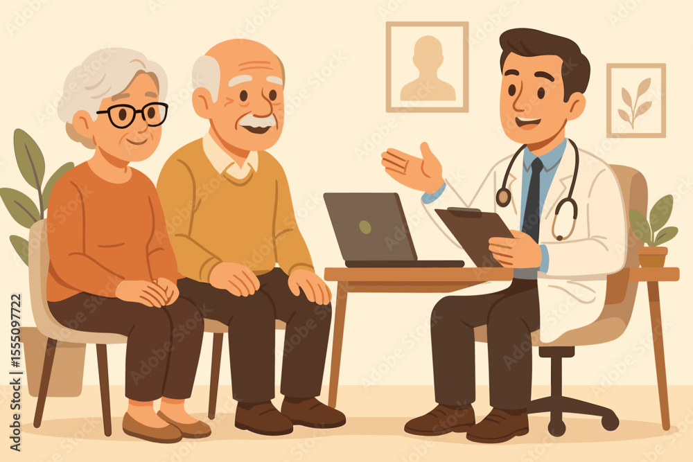 Elderly couple medical consultation with doctor. Senior healthcare advice. Geriatric patient checkup. Preventive medicine. Wellness support. Hospital visit. Vector cartoon illustration. No text. Elderly couple medical consultation with doctor. Senior healthcare advice. Geriatric patient checkup. Preventive medicine. Wellness support. Hospital visit. Vector cartoon illustration. No text.