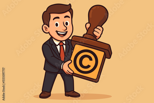 Cartoon businessman holding large copyright stamp symbol. Intellectual property protection, copyright law, legal rights, creative ownership, vector illustration, trademark concept