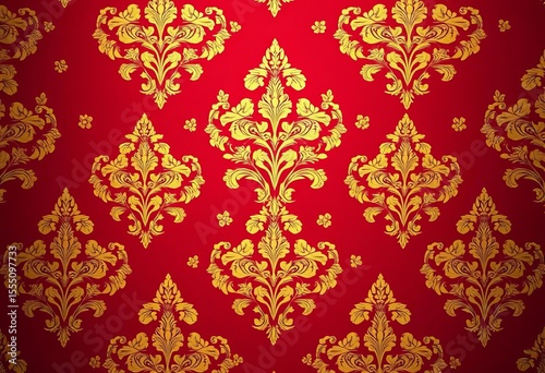 Intricate gold damask pattern on rich burgundy wallpaper, classic elegance,  arabesque,  luxury