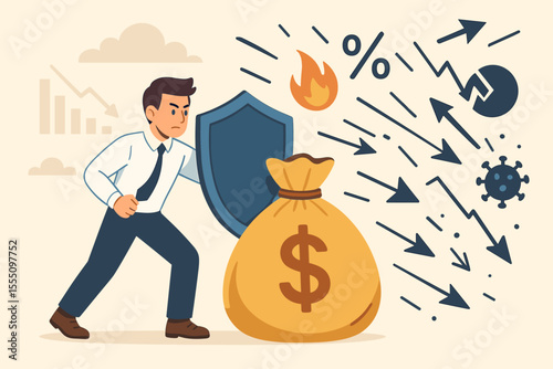 Businessman Protecting Savings with Shield from Financial Crisis, Economic Risks, Recession, Market Decline, Virus, Inflation, Investment Loss, Money Security Concept, Vector Illustration