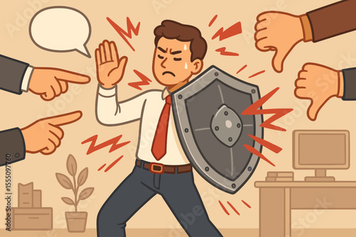 Businessman Defending Against Workplace Criticism and Bullying with Shield. Overcoming Negativity, Stress, and Harassment. Protection, Resilience, Mental Health Concept. Office Vector Illustration