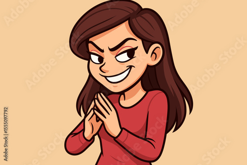 Devious young woman plotting mischief with sly cunning smile, hands clasped, mischievous expression, cartoon vector illustration. Female character scheming, strategy, planning, playful mood concept