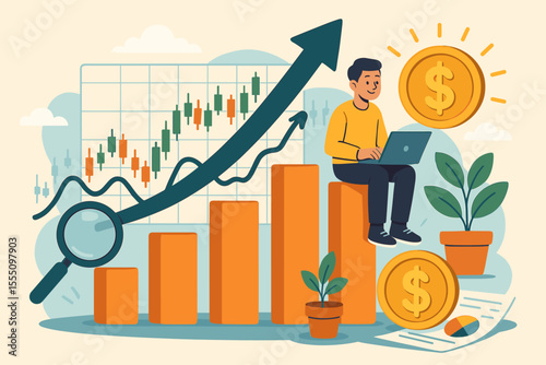 Stock market trading and investment analysis concept. Passive income generation, financial growth, profit increase, bar chart, candlestick graph, magnifying glass, laptop, money, vector illustration
