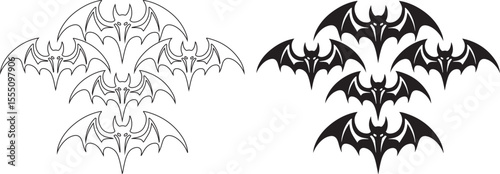 Flying Bat Silhouette and Outline Set for Halloween Designs