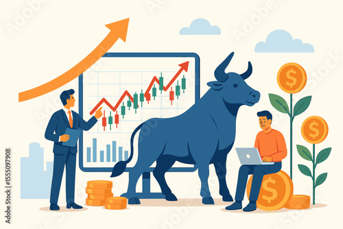 Bull Market Investing Success, Stock Trading Analysis, Financial Growth, Passive Income, Rising Profits, Money Management, Business Strategy, Economic Uptrend, Vector Illustration