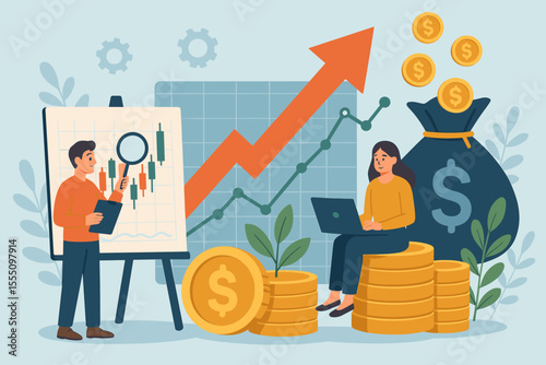 Stock market trading, investment analysis, financial growth, passive income, money management, profit increase, business success, economic strategy, vector illustration with charts and coins