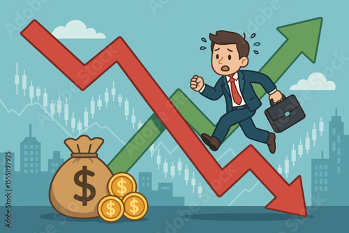 Stock market volatility concept. Businessman with briefcase running on rising and falling trend arrows. Financial risk, investment uncertainty, profit and loss, money bag, coins, stock exchange