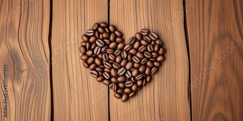 Heart shape crafted from roasted coffee beans on rustic wood,  beans,  coffee shop