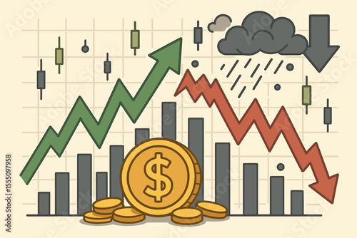 Stock market volatility concept with rising and falling trend arrows, candlestick chart, coins, financial risks, economic uncertainty, investment gains and losses, cartoon vector illustration