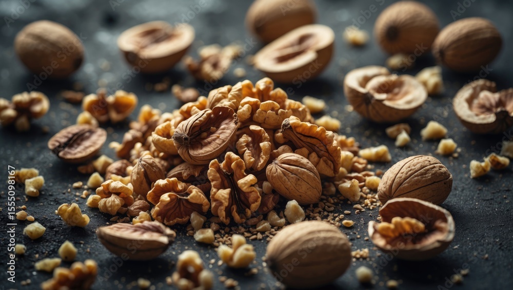 Obraz premium Walnuts and pecans scattered on a dark surface.