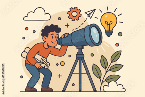 Visionary innovator searching for inspiration and new ideas with telescope. Creative exploration, motivation, discovery, imagination, planning, innovation concept. Vector cartoon illustration