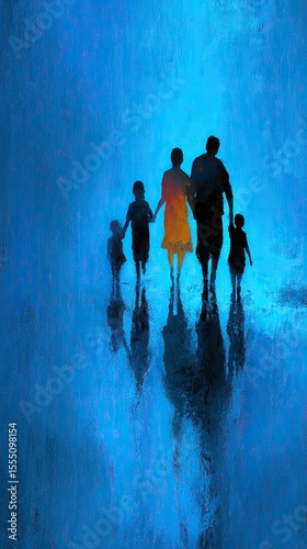 Silhouette Family Walking on Blue Water at Night
