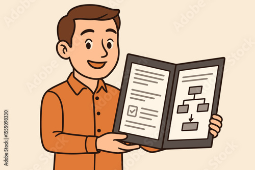 Cartoon businessperson presenting open folder with instructions, checklist, flowchart, documents. Vector illustration for training, onboarding, business process, manual, guide, presentation, workflow