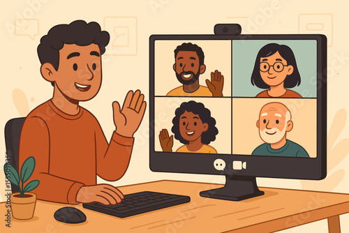 Remote teamwork video conference call. Diverse group collaboration online. Cartoon vector illustration of virtual meeting, digital communication, remote work, distance learning, multicultural people