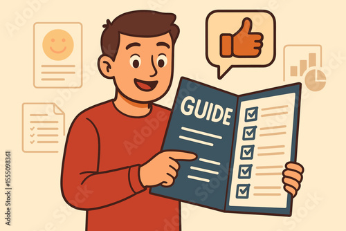Smiling man holding instruction manual checklist guide, cartoon vector illustration. User support, step by step instructions, customer service, positive feedback, information, productivity concept