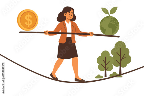 Businesswoman balancing on tightrope between money and environmental sustainability. Eco-friendly business concept. Financial stability, green economy, risk management, investment, nature, trees.