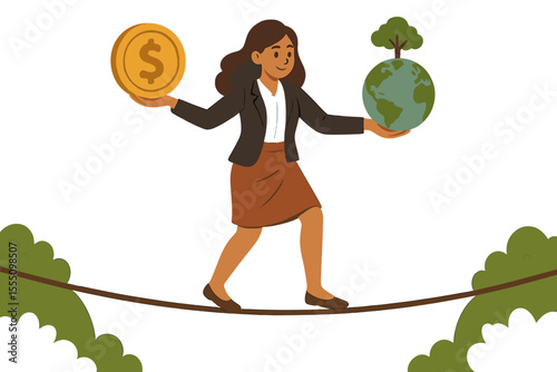 Businesswoman balancing financial success and environmental sustainability on tightrope. Eco-friendly business concept. Money and earth globe in hands. Risk management. Vector illustration