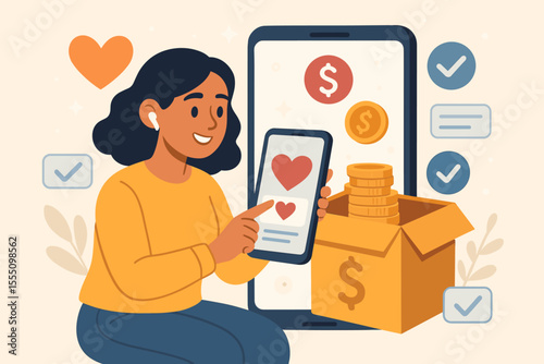 Woman Donating Money Online via Smartphone, Charity Support, Digital Payment, Mobile Banking, Fundraising, Financial Contribution, Nonprofit Donation, Modern Technology, Vector Illustration