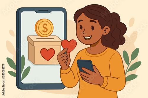 Woman Donating Online Using Smartphone, Charity Fundraising, Digital Payment, Mobile Giving, Heart Symbol, Donation Box, Financial Support, Modern Philanthropy, Vector Illustration