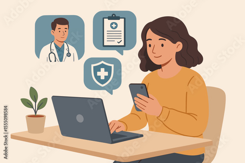 Woman Using Digital Healthcare Services for Online Medical Consultation, Health Insurance, Virtual Doctor Visit, Electronic Medical Records, Telemedicine, Remote Health Management, Vector Illustration