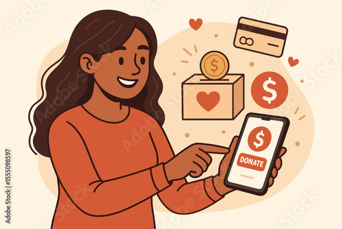 Woman Donating Online Using Smartphone, Charity Donation Box, Digital Payment, Financial Support, Mobile Fundraising, Heart Symbol, Credit Card, Giving Money, Vector Illustration