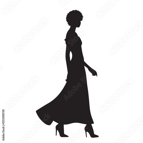 Minimalist fashion silhouette of a woman with short curly hair, wearing a sleek off-shoulder evening gown, walking in high heels, isolated vector art (1)