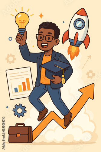 Entrepreneurship concept. Young black graduate with idea lightbulb launching a startup rocket. Business growth and success. Cartoon student with cap on upward arrow. Career path vector.