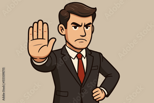 Angry businessman character making stop gesture with his hand. Serious boss in suit signaling disapproval, refusal, or rejection. Vector illustration concept of warning, halt, and no.