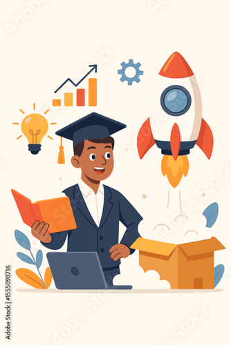 Graduate entrepreneur launching a business startup. Concept of knowledge, skill and education for career success. Rocket launch, idea lightbulb, growth chart. Cartoon vector illustration.