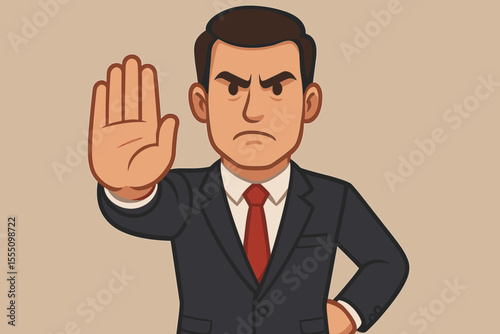 Serious angry businessman manager making a stop hand gesture. Warning sign, no entry, and access denied concept. Disapproval, rejection, and refusal symbol. Vector cartoon person.