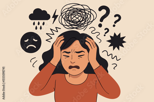 Stressed woman holding head overwhelmed by anxiety, negative emotions, mental health crisis, confusion, depression, sadness, burnout, emotional distress, psychological problems, vector illustration