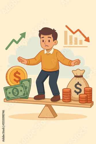 Man on a seesaw balancing income vs expenses. Financial management concept comparing profit and loss. Budgeting, investment risk, economic crisis, debt and savings metaphor.