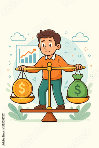 Worried man balancing on a seesaw holding a scale with income and expenses. Financial dilemma, personal budget management concept. Comparing cost, savings, and debt vector.
