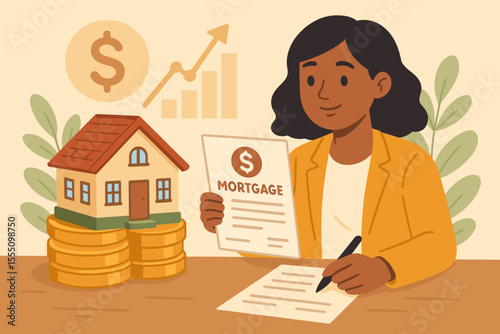Female Homebuyer Signing Mortgage Agreement, Real Estate Investment, Financial Planning, Property Purchase, Money Management, House Loan, Wealth Growth, Vector Illustration