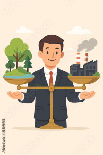 Businessman holds scales balancing nature and industry. Ecology concept with a choice between green environment and factory pollution. Sustainable development and economy comparison.