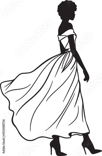 Minimalist fashion silhouette of a woman with short curly hair, wearing a sleek off-shoulder evening gown, walking in high heels, isolated vector art (1)