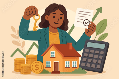 Female home buyer holding key and mortgage contract, real estate investment, financial planning, property purchase, savings, house loan, money management, cartoon vector illustration