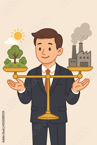 Concept of balance between nature and industry. Businessman holds a scale comparing a green environment and a polluting factory. Sustainability, ecology, ESG, CSR, ethical choice vector.