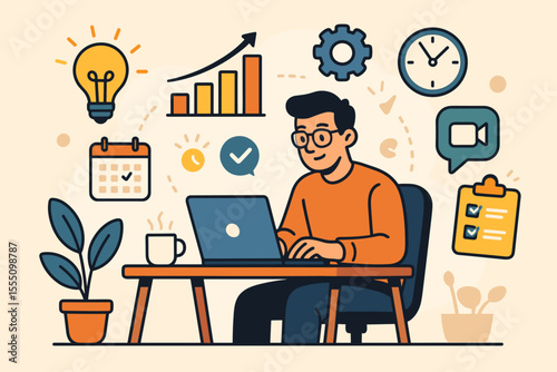 Remote work productivity concept with man at desk working on laptop. Business icons for time management, workflow optimization, strategy, and growth. Freelancer home office illustration.