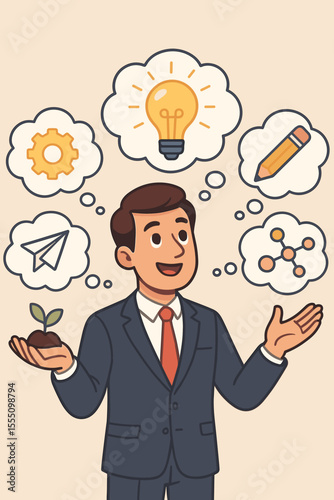Businessman in suit with innovative ideas, creative thought bubbles, lightbulb, pencil, gear, plant, molecule, and paper airplane for business strategy, development, success concept