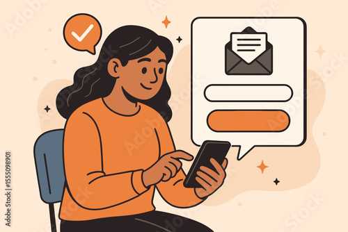 Woman using smartphone to subscribe to email newsletter, digital registration process, online subscription service, cartoon vector illustration, mobile communication, modern technology concept