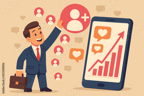 Social media marketing growth concept. Businessman adding new followers for audience engagement. SMM strategy success shown on smartphone with analytics chart, likes and rising graph.