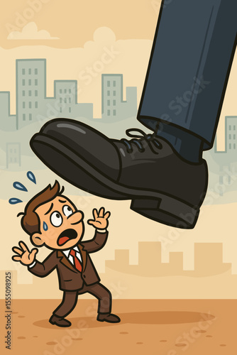 Giant boot about to crush a small businessman. Metaphor for corporate oppression, unfair competition, bankruptcy, and layoffs. Concept for authority, power, and business failure.