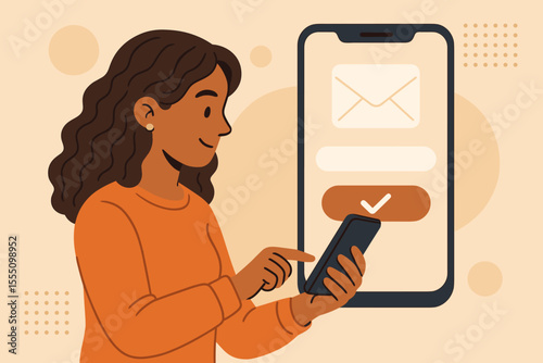 Woman using smartphone to subscribe to email newsletter, digital subscription service, online registration, mobile app signup, communication technology, vector cartoon illustration