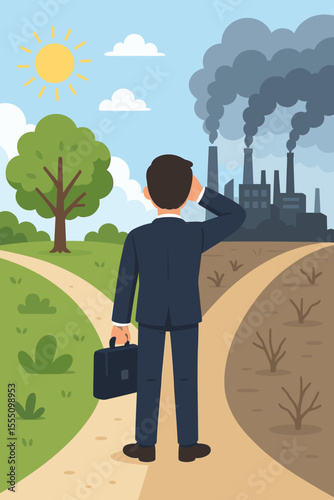 Businessman at a crossroads, choosing between a sustainable green future and a polluted industrial path. Concept of corporate responsibility, ecology, climate change, and economic choice.