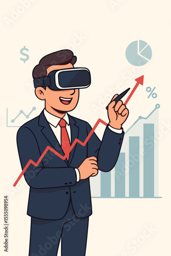 Businessman in VR headset analyzes financial data. Futuristic technology concept with virtual graphs for business growth, investment success, and data visualization in the metaverse.