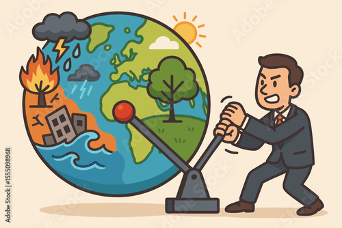Businessman choosing between a sustainable future and environmental disaster. Man pulling a lever to switch the planet from pollution and climate change to a green renewable energy economy.